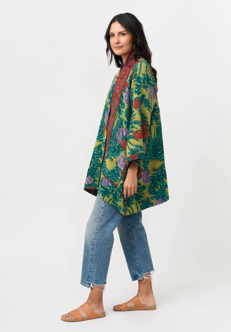 Mieko Mintz Vintage Silk Georgette & Cotton Kantha A-Line Jacket in Teal & Red
