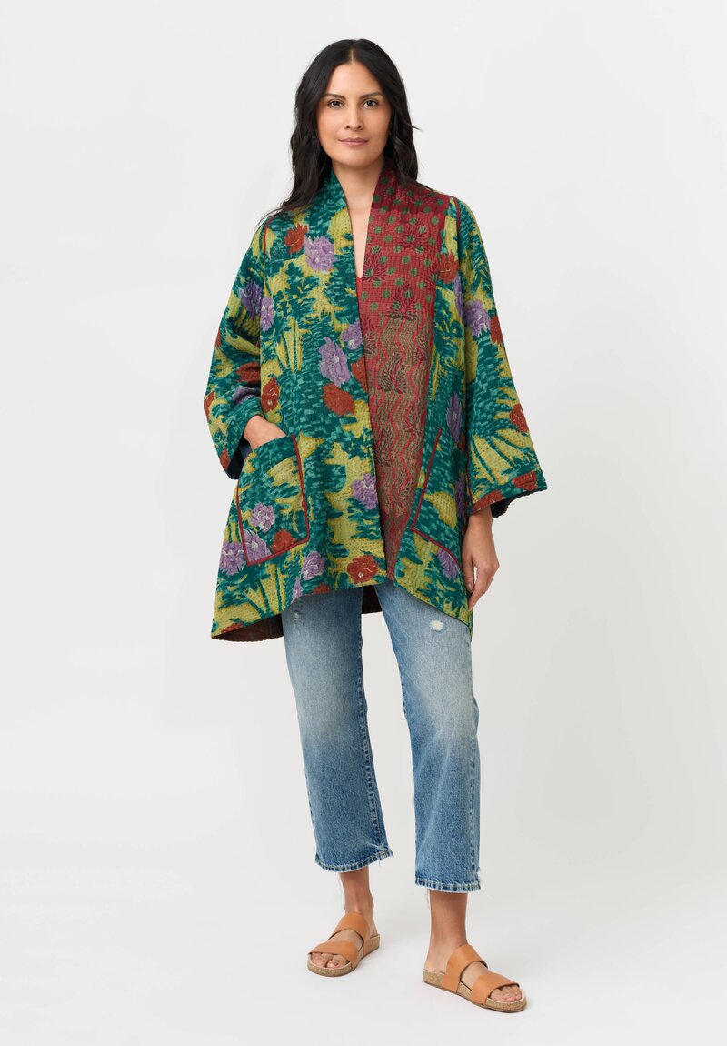 Mieko Mintz Vintage Silk Georgette & Cotton Kantha A-Line Jacket in Teal & Red