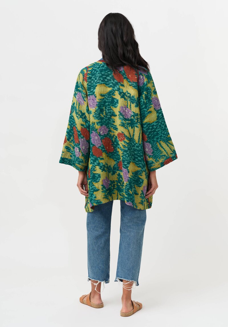 Mieko Mintz Vintage Silk Georgette & Cotton Kantha A-Line Jacket in Teal & Red