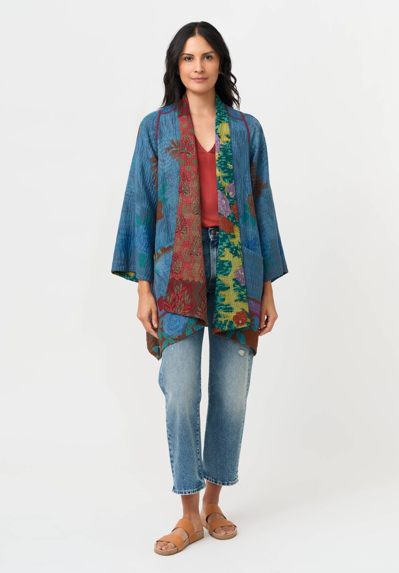 Mieko Mintz Vintage Silk Georgette & Cotton Kantha A-Line Jacket in Teal & Red