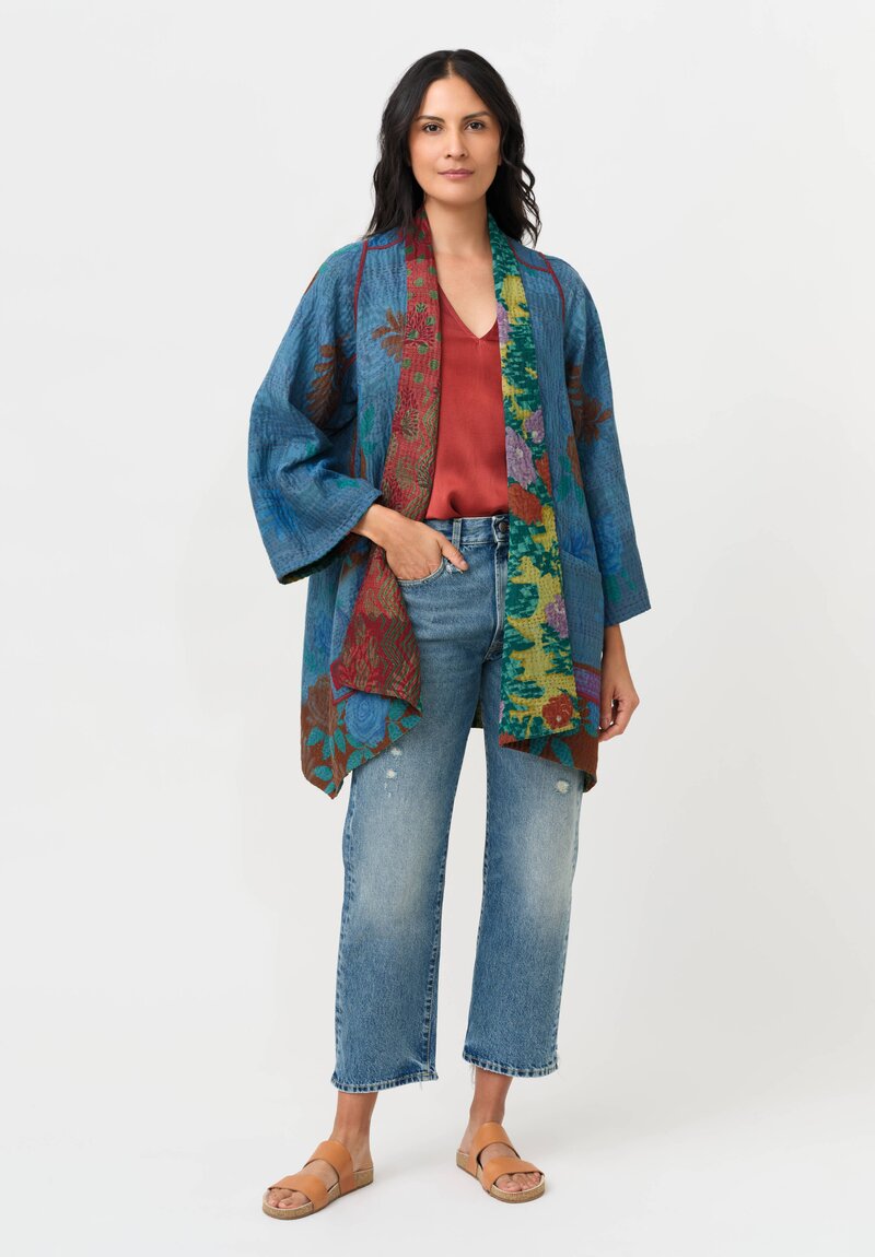 Mieko Mintz Vintage Silk Georgette & Cotton Kantha A-Line Jacket in Teal & Red