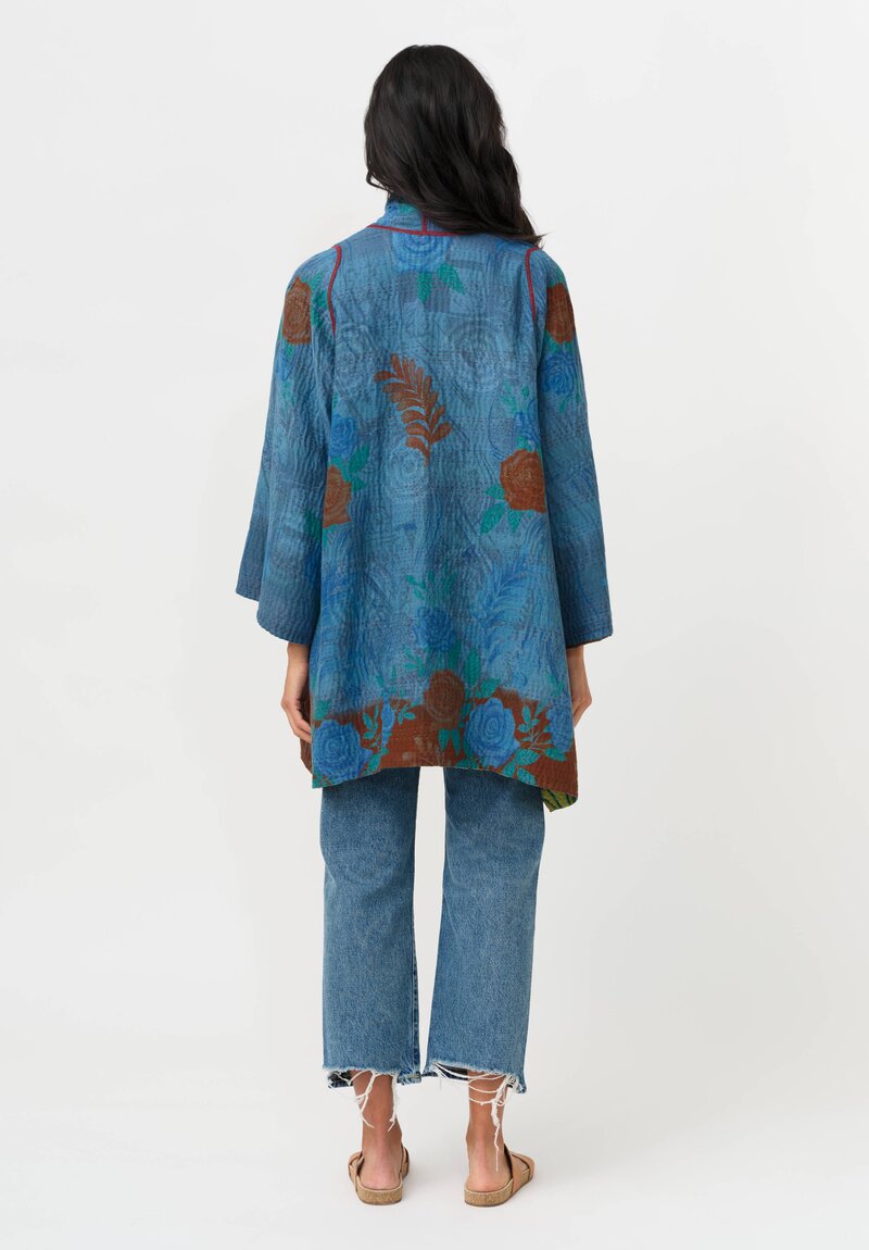 Mieko Mintz Vintage Silk Georgette & Cotton Kantha A-Line Jacket in Teal & Red