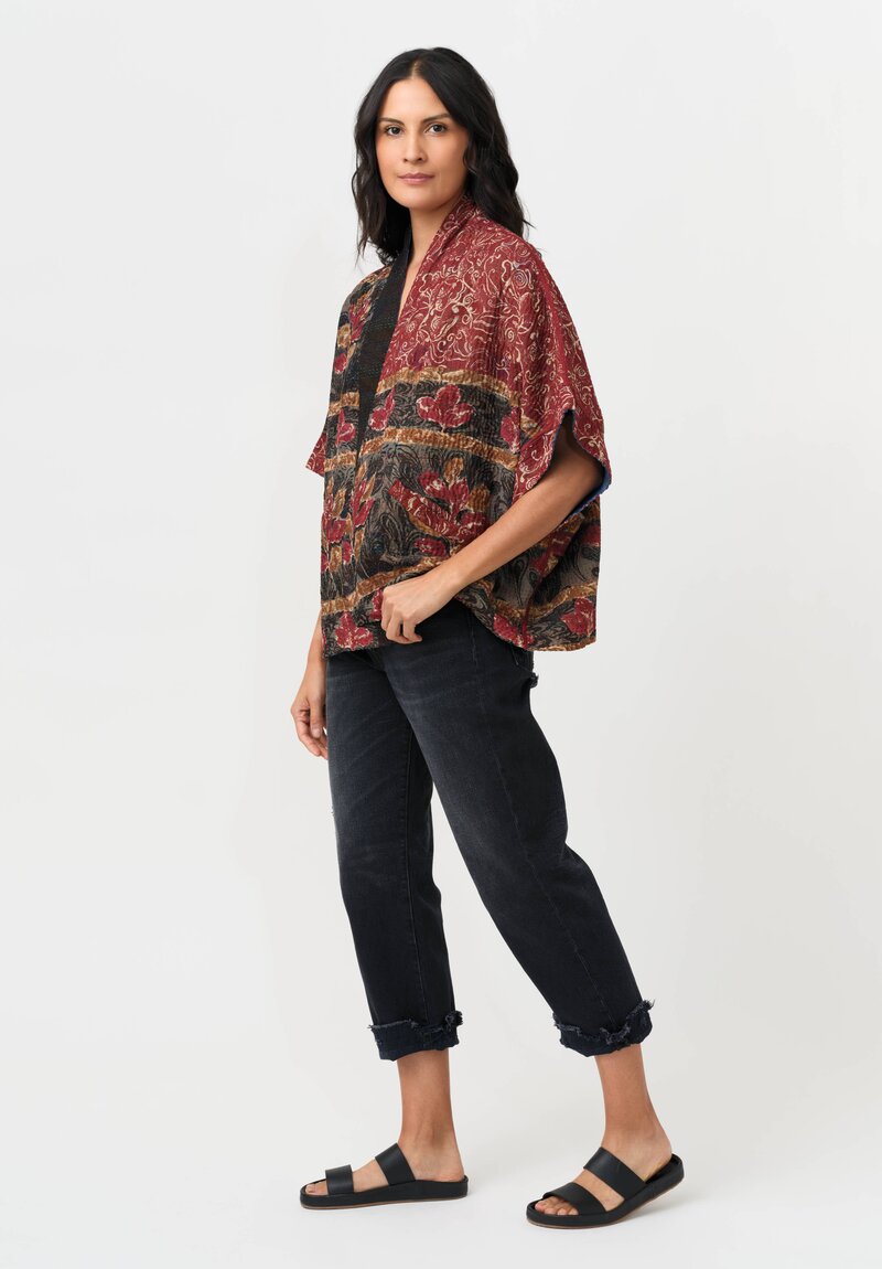 Mieko Mintz Vintage Silk Georgette & Cotton Kantha Mini Poncho Jacket in Rust, Black & Brown