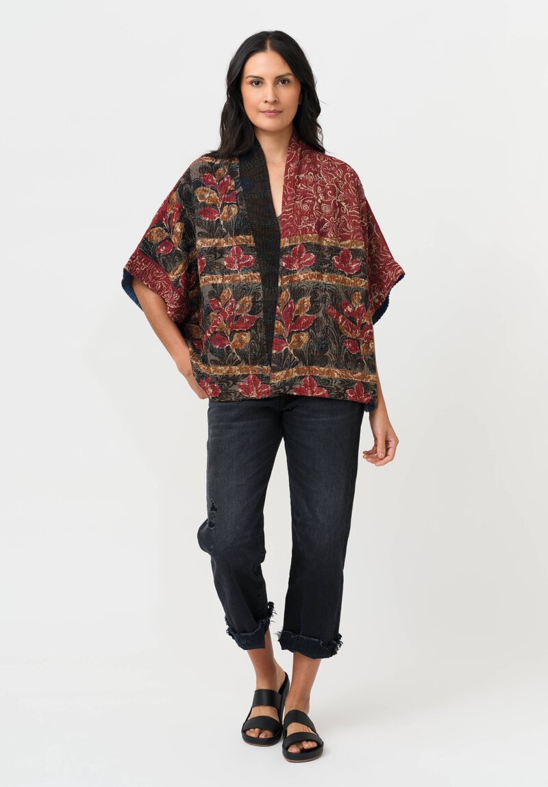 Mieko Mintz Vintage Silk Georgette & Cotton Kantha Mini Poncho Jacket in Rust, Black & Brown