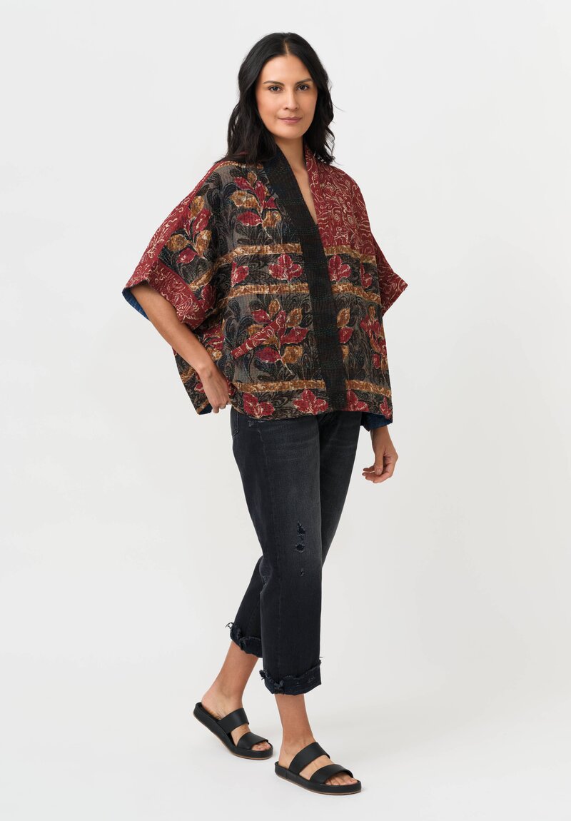 Mieko Mintz Vintage Silk Georgette & Cotton Kantha Mini Poncho Jacket in Rust, Black & Brown