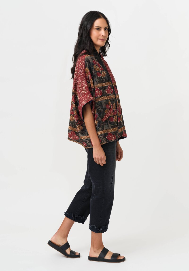 Mieko Mintz Vintage Silk Georgette & Cotton Kantha Mini Poncho Jacket in Rust, Black & Brown