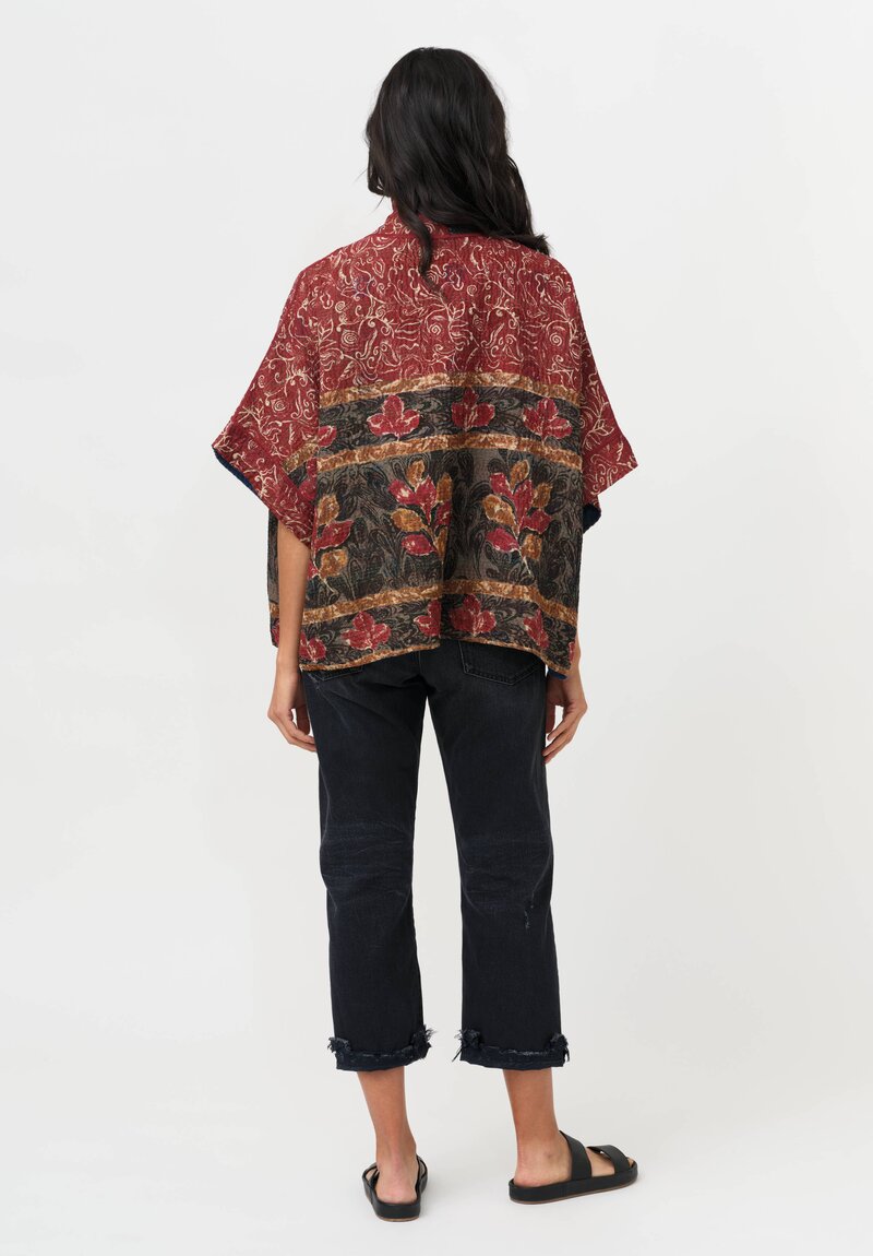 Mieko Mintz Vintage Silk Georgette & Cotton Kantha Mini Poncho Jacket in Rust, Black & Brown