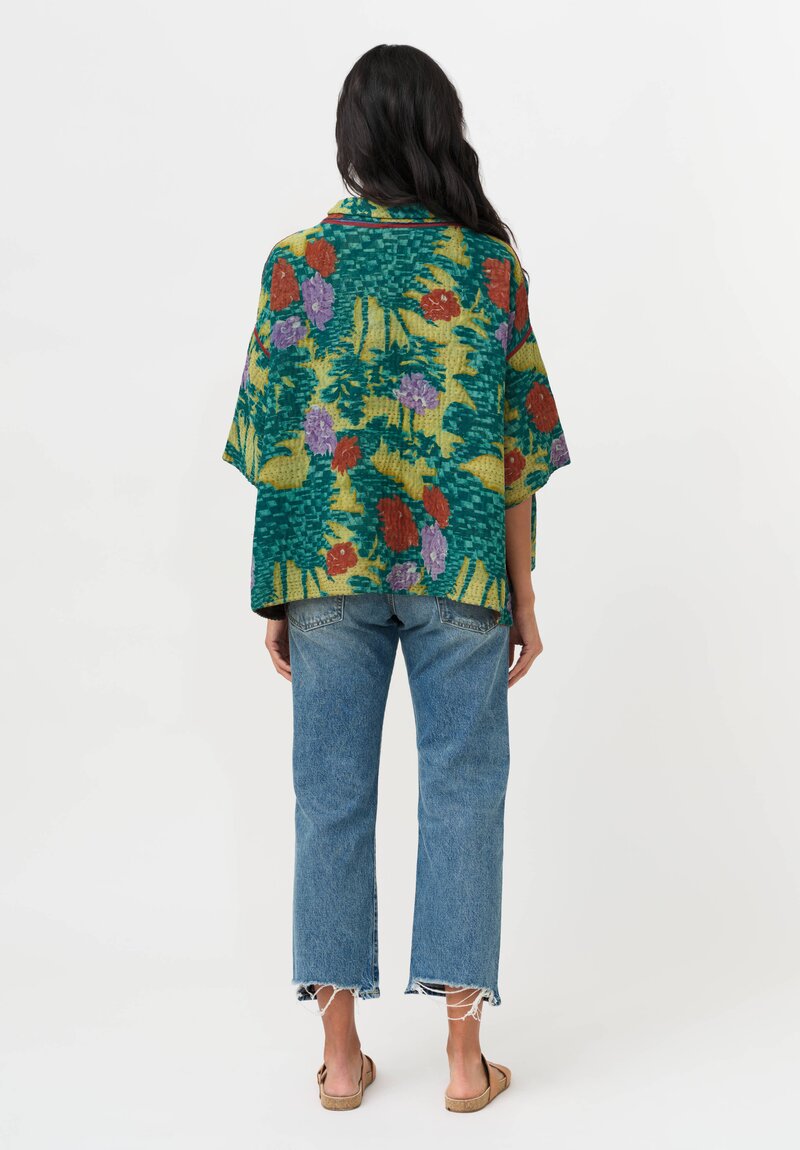 Mieko Mintz Vintage Silk Georgette & Cotton Kantha Poncho in Teal & Lime Green
