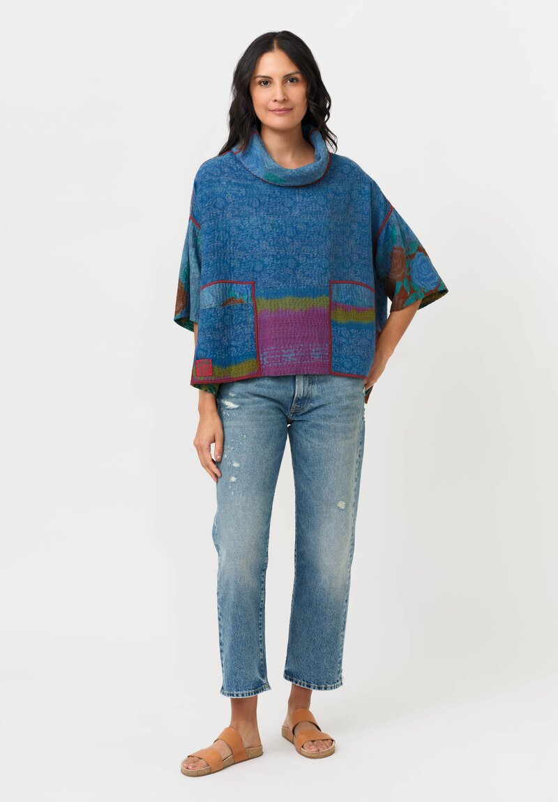 Mieko Mintz Vintage Silk Georgette & Cotton Kantha Poncho in Teal & Lime Green