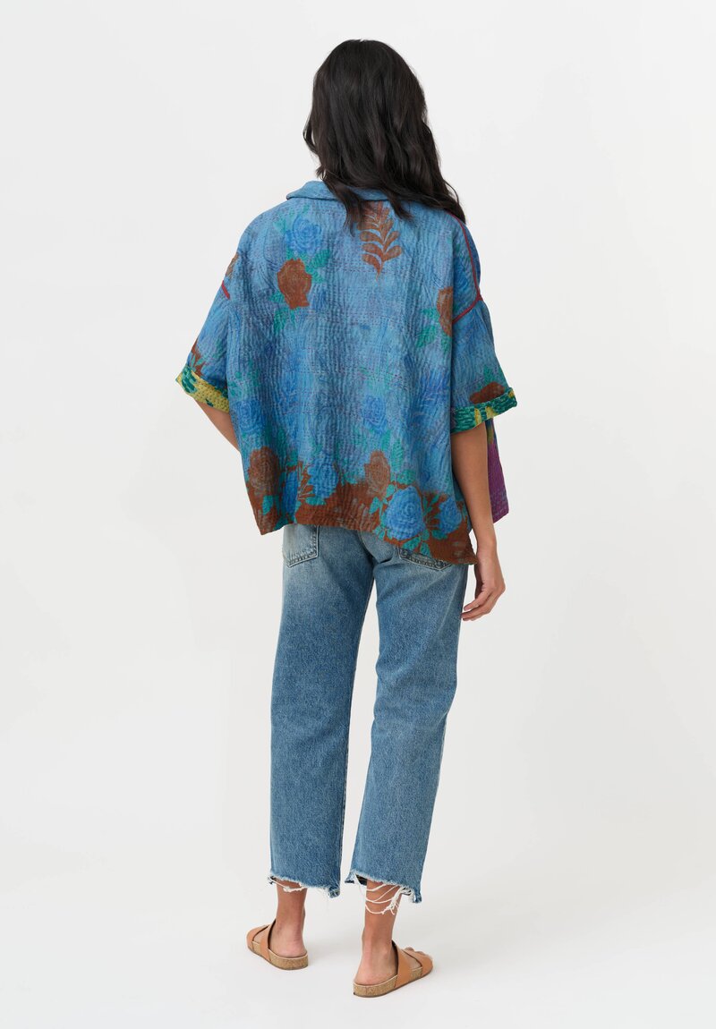 Mieko Mintz Vintage Silk Georgette & Cotton Kantha Poncho in Teal & Lime Green