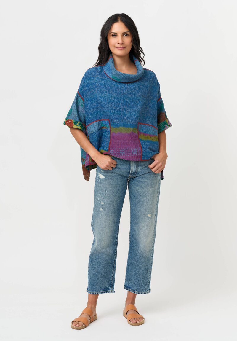 Mieko Mintz Vintage Silk Georgette & Cotton Kantha Poncho in Teal & Lime Green