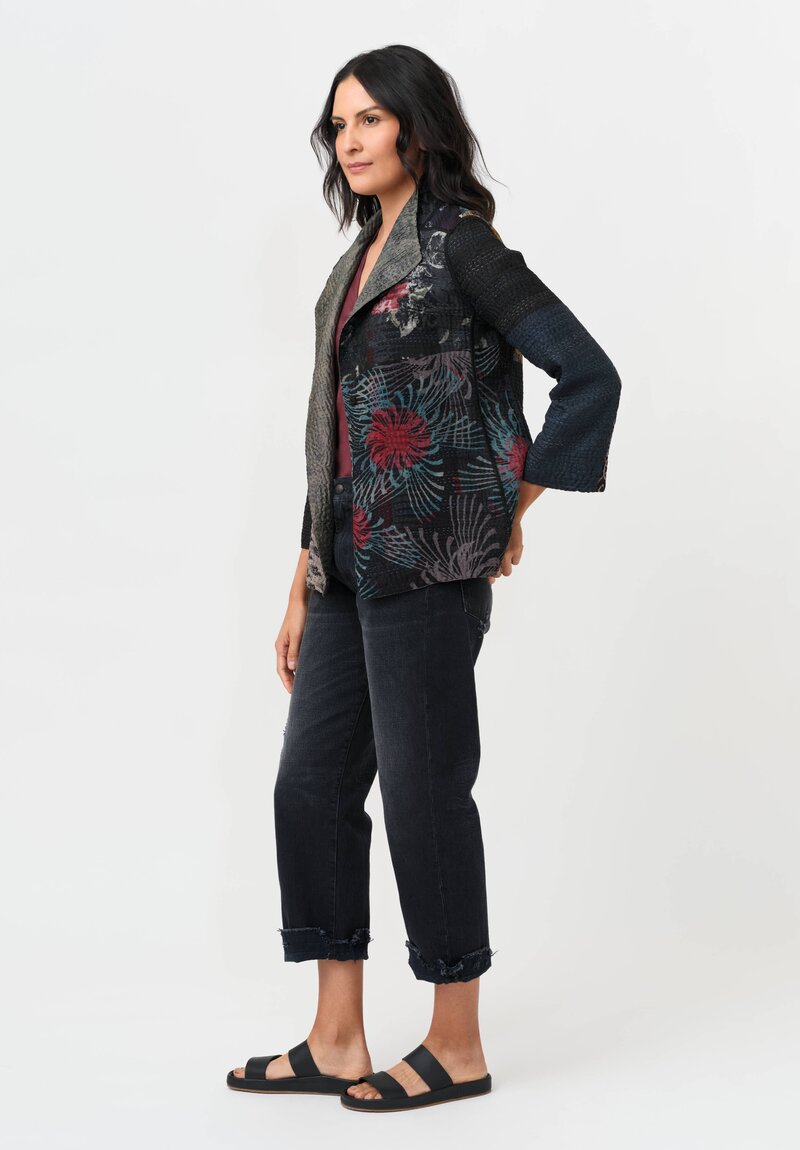 Mieko Mintz Vintage Silk Georgette Jacquard & Patch Kantha Jacket in Black, Blue & Red