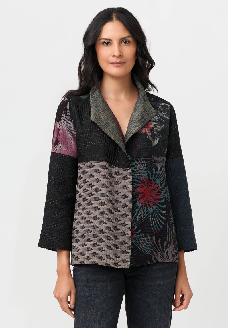 Mieko Mintz Vintage Silk Georgette Jacquard & Patch Kantha Jacket in Black, Blue & Red
