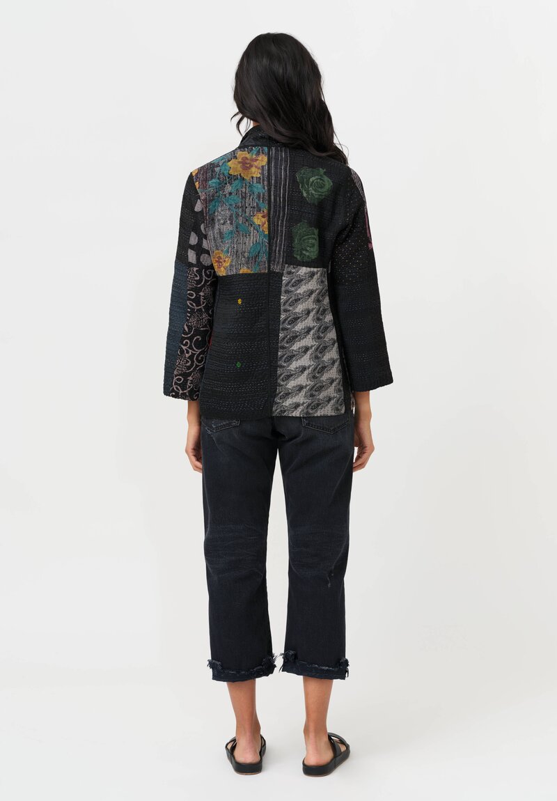 Mieko Mintz Vintage Silk Georgette Jacquard & Patch Kantha Jacket in Black, Blue & Red