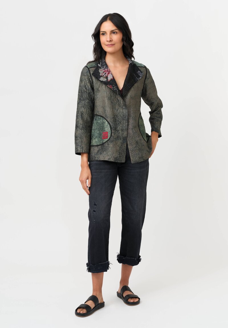 Mieko Mintz Vintage Silk Georgette Jacquard & Patch Kantha Jacket in Black, Blue & Red
