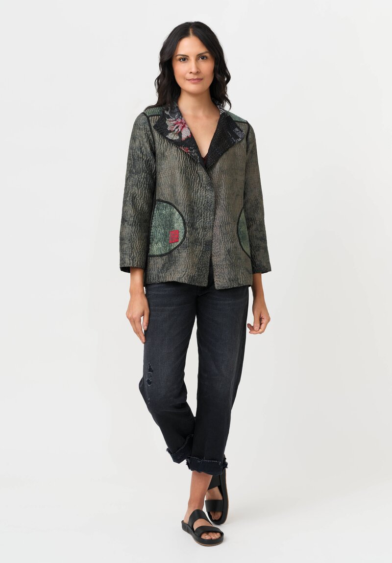 Mieko Mintz Vintage Silk Georgette Jacquard & Patch Kantha Jacket in Black, Blue & Red