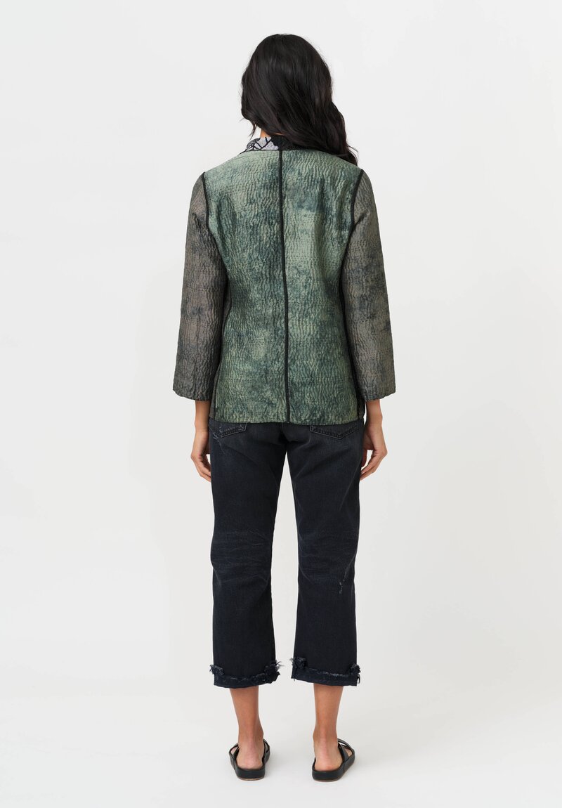 Mieko Mintz Vintage Silk Georgette Jacquard & Patch Kantha Jacket in Black, Blue & Red