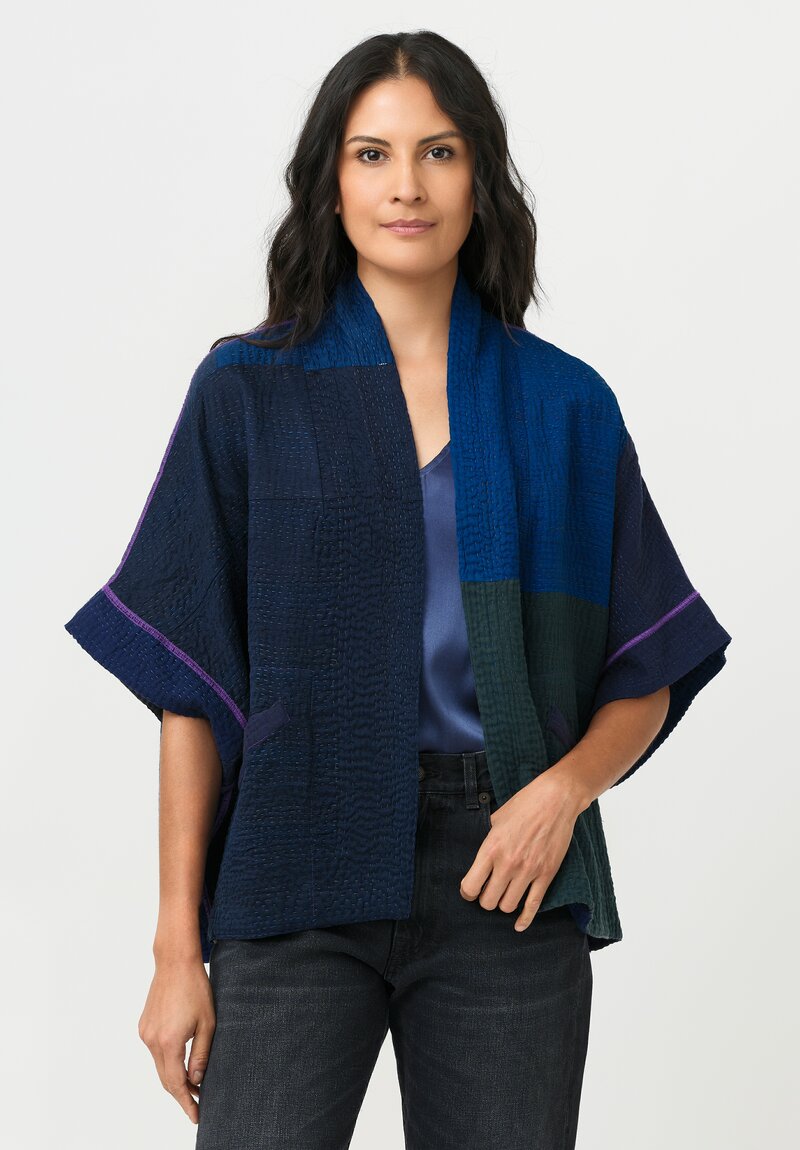 Mieko Mintz Silk & Cotton Jaipur Patch Mini Poncho Jacket in Navy Blue, Green & Plum