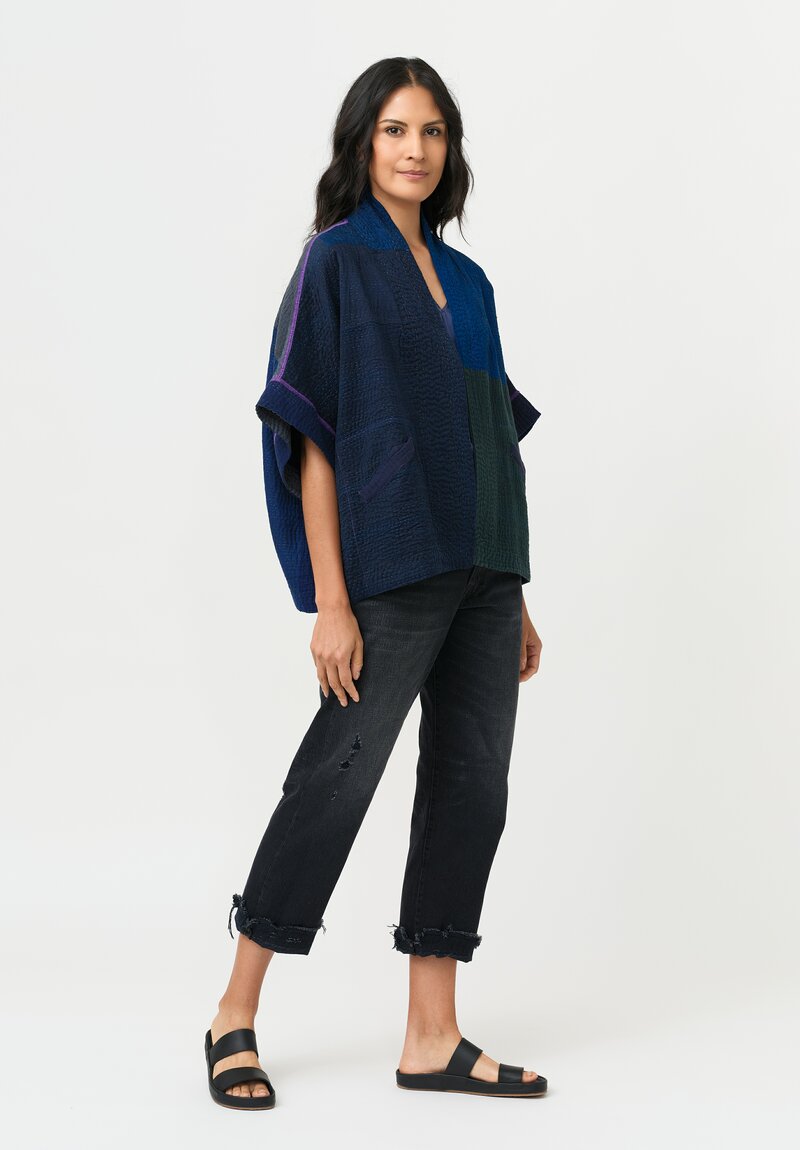 Mieko Mintz Silk & Cotton Jaipur Patch Mini Poncho Jacket in Navy Blue, Green & Plum