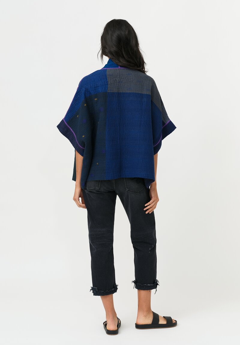 Mieko Mintz Silk & Cotton Jaipur Patch Mini Poncho Jacket in Navy Blue, Green & Plum