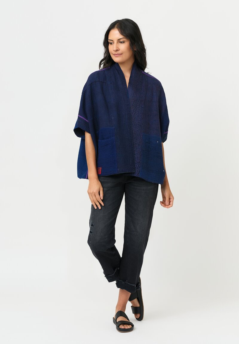 Mieko Mintz Silk & Cotton Jaipur Patch Mini Poncho Jacket in Navy Blue, Green & Plum