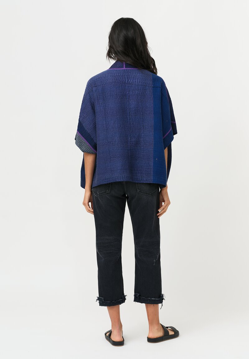 Mieko Mintz Silk & Cotton Jaipur Patch Mini Poncho Jacket in Navy Blue, Green & Plum