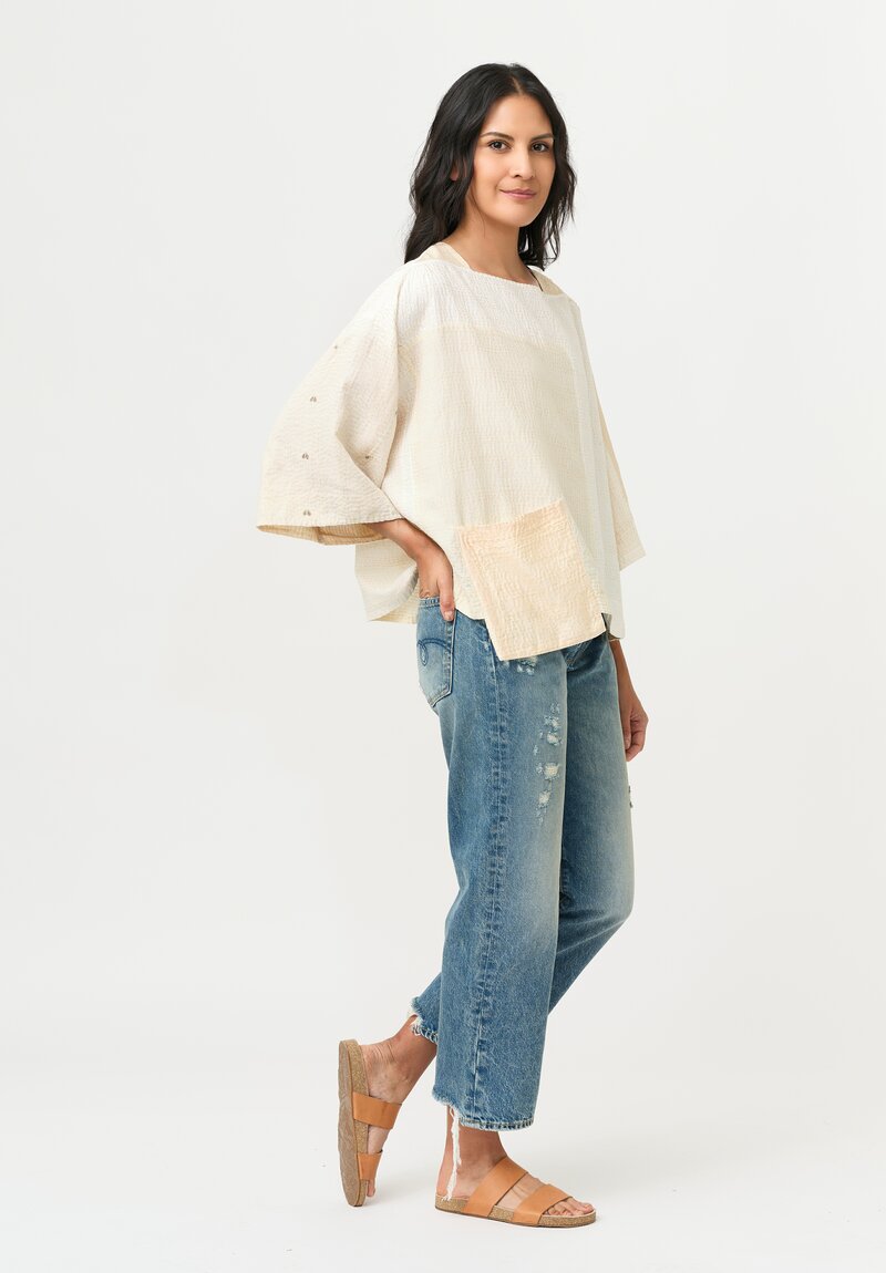 Mieko Mintz Silk & Cotton Mio Jaipur Kantha Crop Top in White