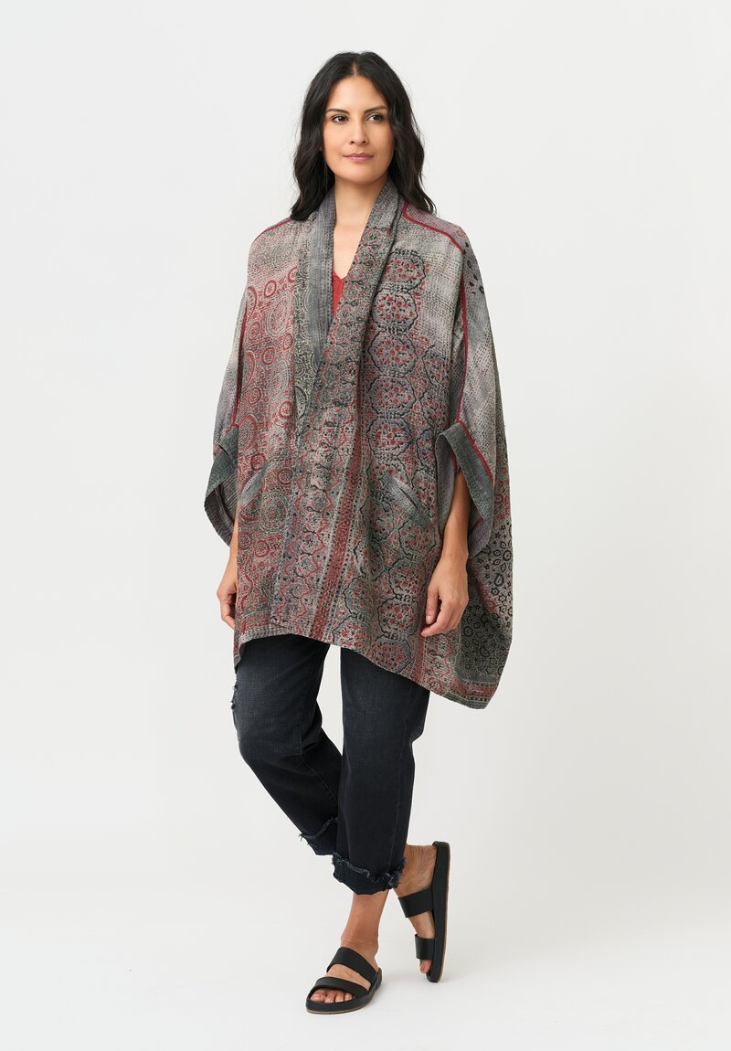 Mieko Mintz Cotton Ajrakh Poncho Jacket in Red & Grey