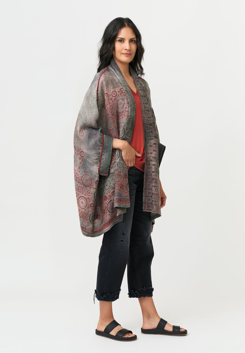 Mieko Mintz Cotton Ajrakh Poncho Jacket in Red & Grey