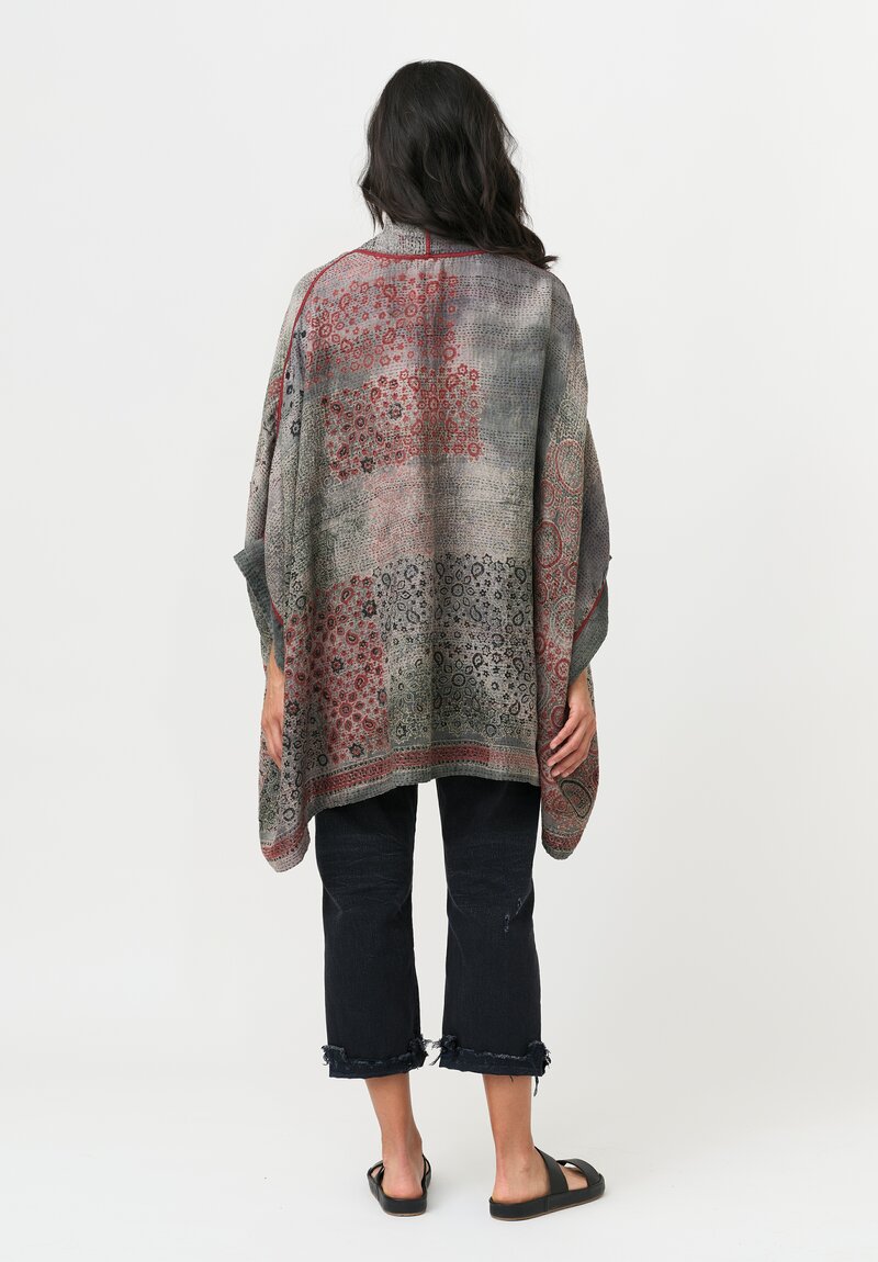 Mieko Mintz Cotton Ajrakh Poncho Jacket in Red & Grey