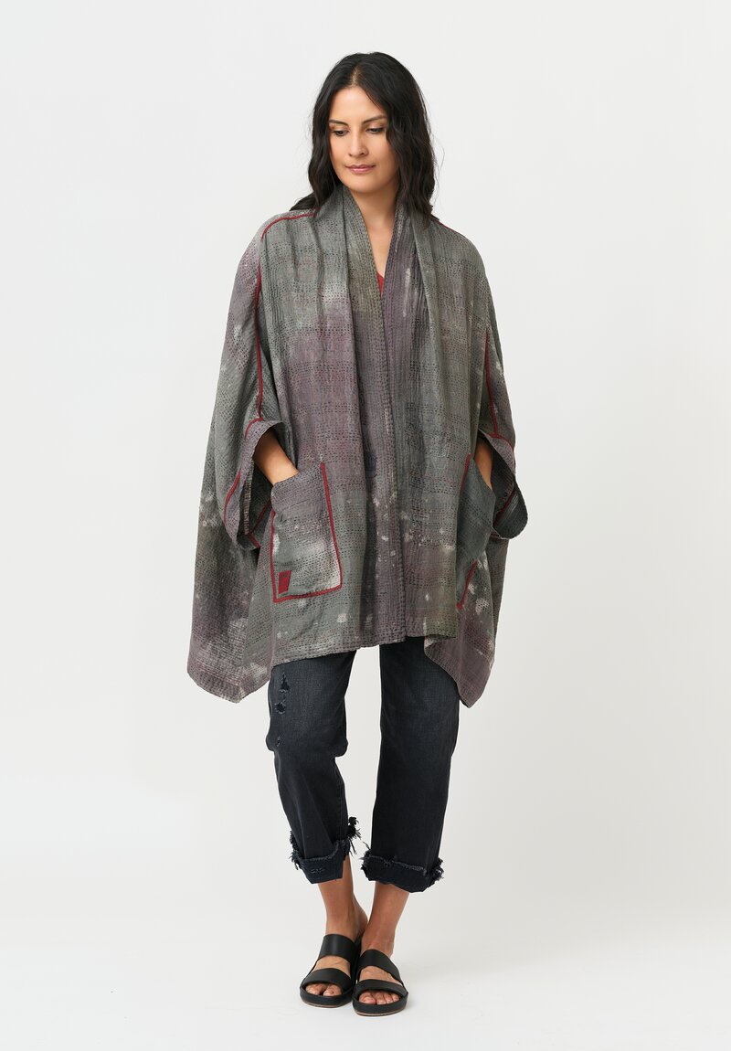 Mieko Mintz Cotton Ajrakh Poncho Jacket in Red & Grey