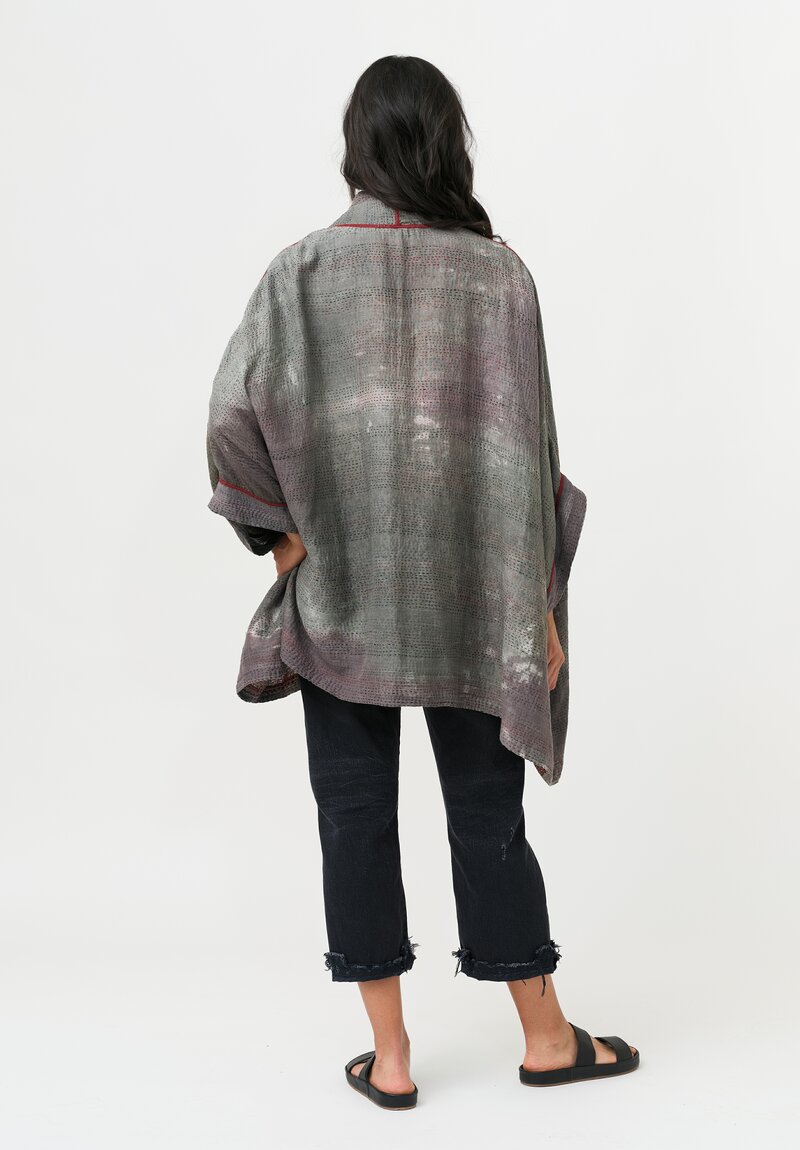 Mieko Mintz Cotton Ajrakh Poncho Jacket in Red & Grey
