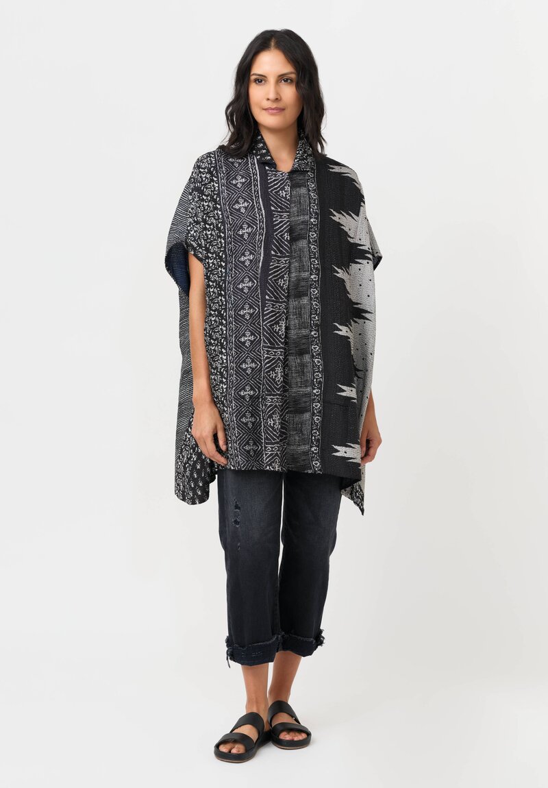 Mieko Mintz Silk & Cotton Kantha Poncho Shirt in Black & Grey