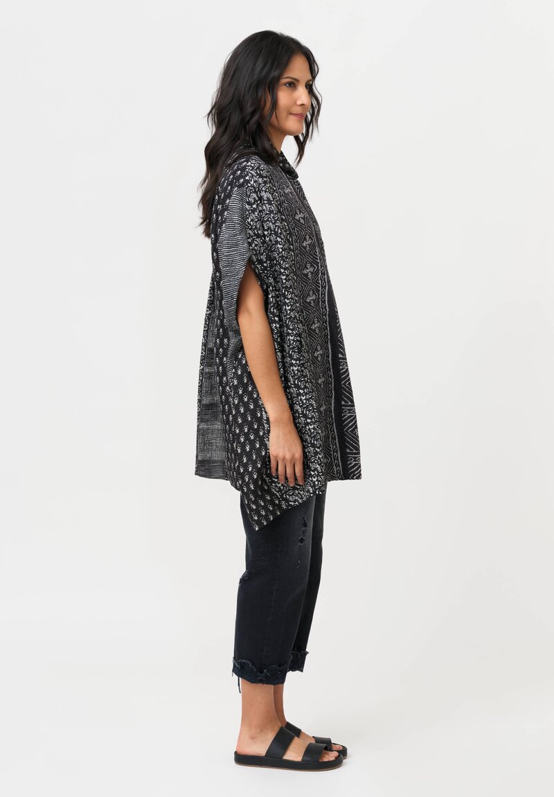 Mieko Mintz Silk & Cotton Kantha Poncho Shirt in Black & Grey