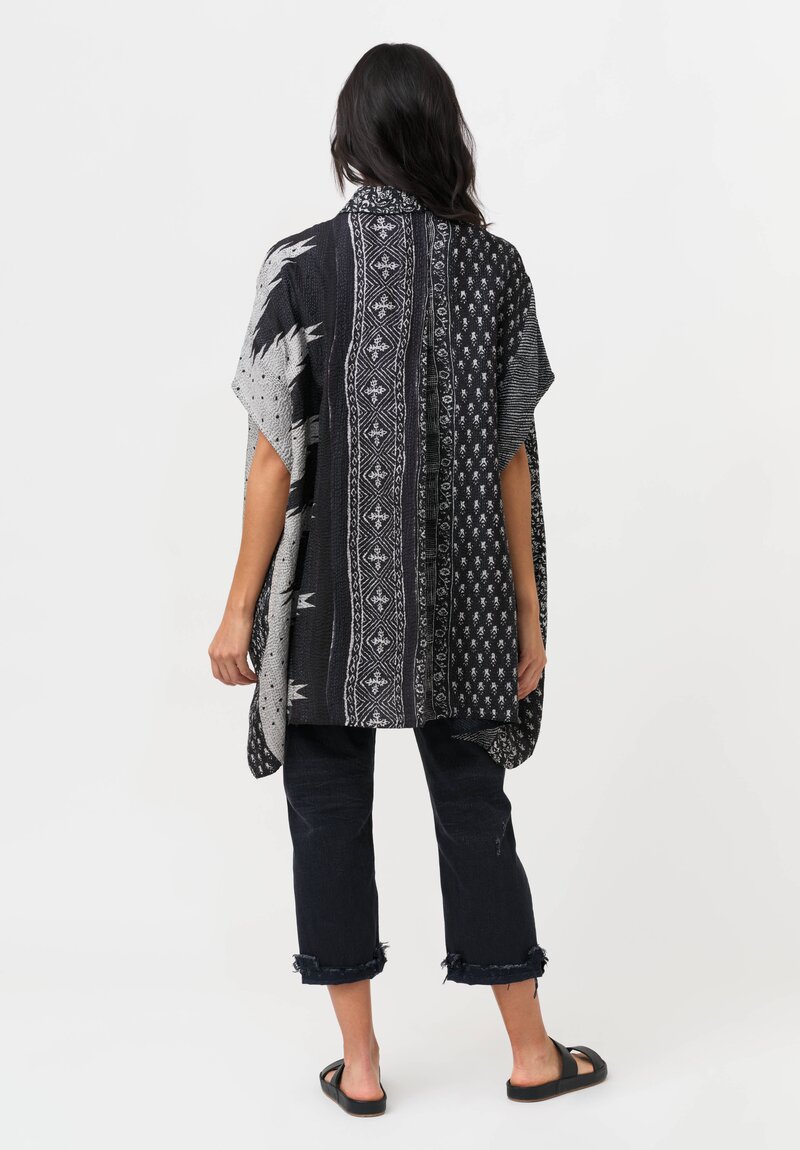 Mieko Mintz Silk & Cotton Kantha Poncho Shirt in Black & Grey