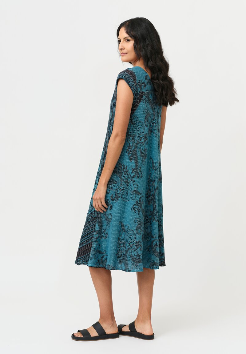 Mieko Mintz Overdyed Cotton Kantha Flare Dress in Teal & Blac