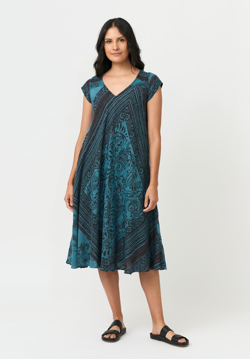 Mieko Mintz Overdyed Cotton Kantha Flare Dress in Teal & Blac