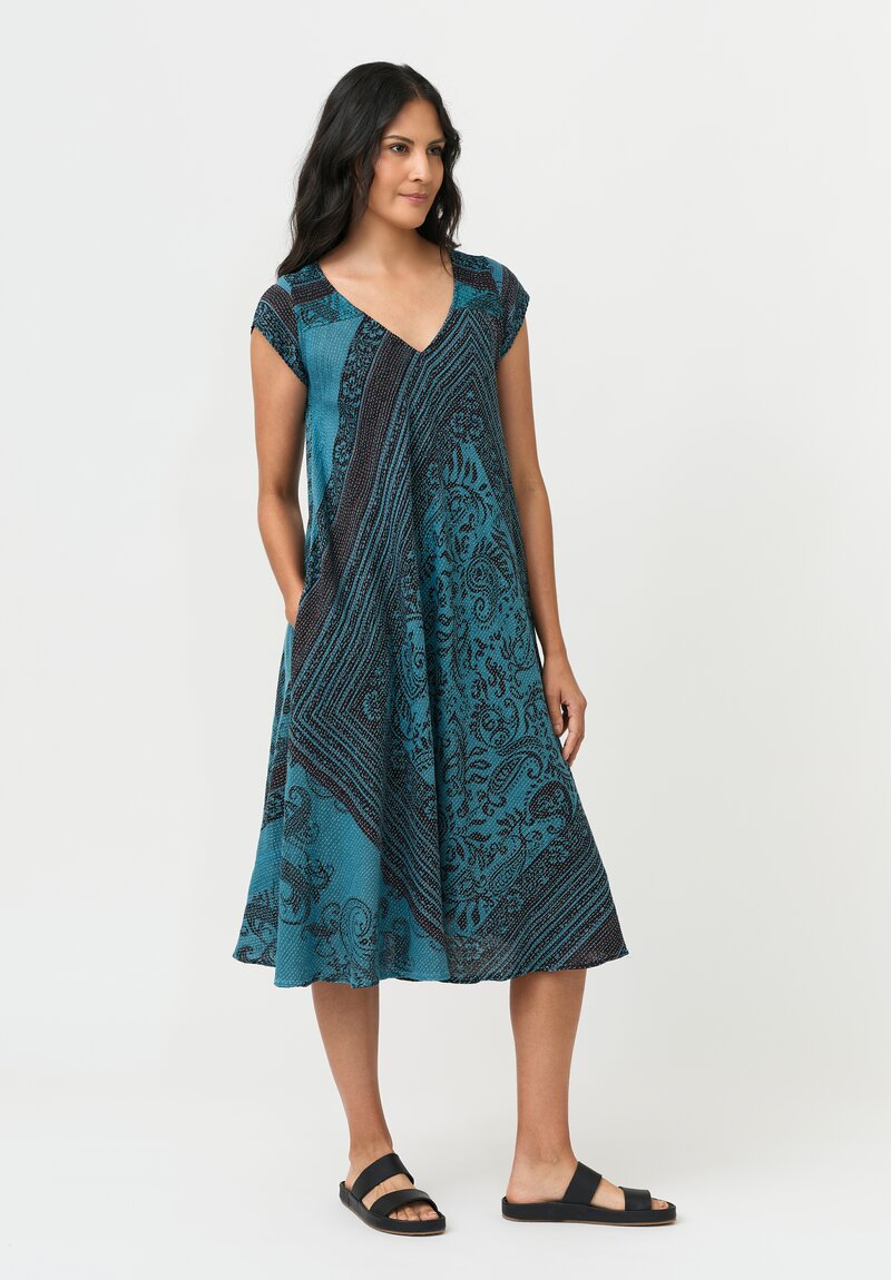 Mieko Mintz Overdyed Cotton Kantha Flare Dress in Teal & Blac