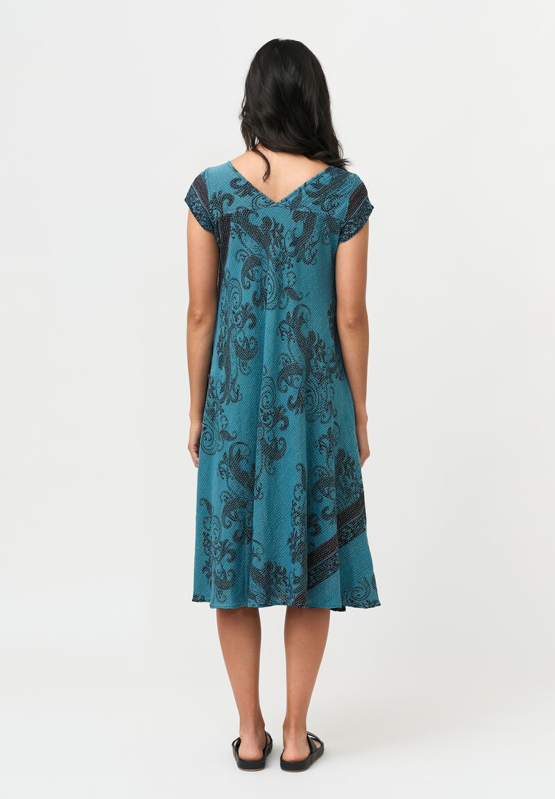 Mieko Mintz Overdyed Cotton Kantha Flare Dress in Teal & Blac