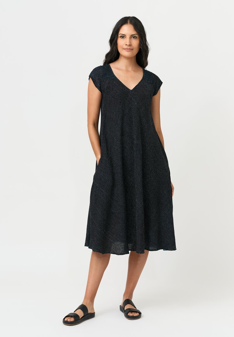 Mieko Mintz Overdyed Cotton Kantha Flare Dress in Teal & Blac