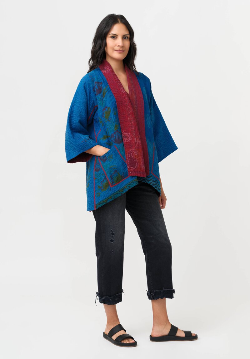 Mieko Mintz Overdyed Cotton Kantha Kimono Jacket in Blue & Red