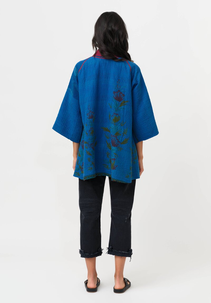 Mieko Mintz Overdyed Cotton Kantha Kimono Jacket in Blue & Red