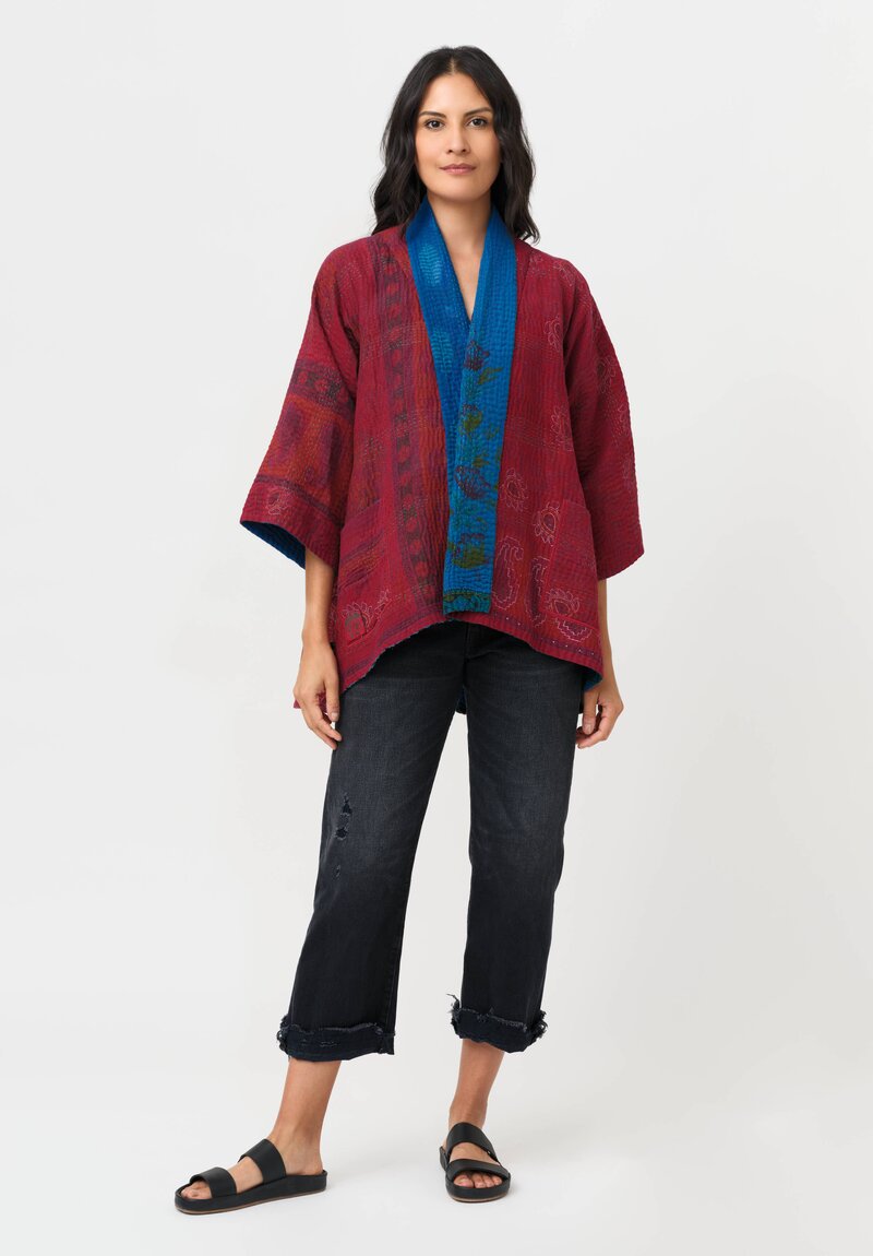 Mieko Mintz Overdyed Cotton Kantha Kimono Jacket in Blue & Red
