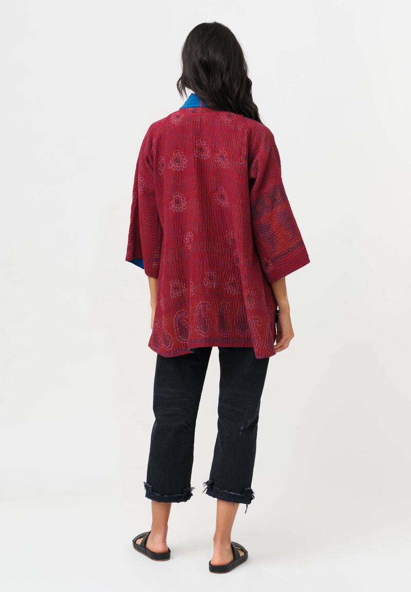 Mieko Mintz Overdyed Cotton Kantha Kimono Jacket in Blue & Red