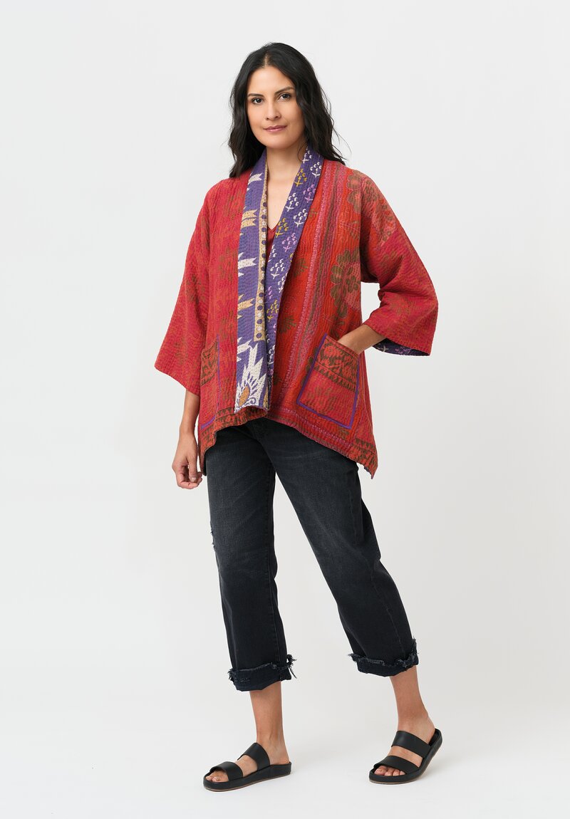Mieko Mintz Overdyed Cotton Kantha Kimono Jacket in Coral, Red & Purple