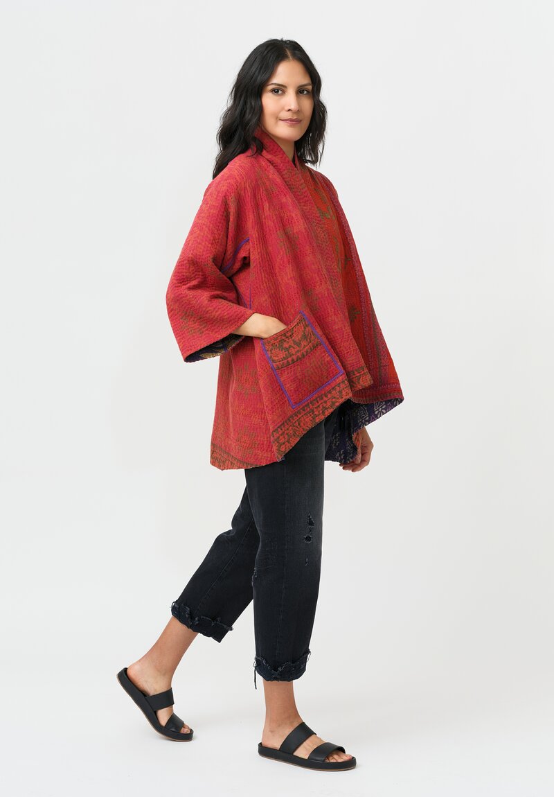 Mieko Mintz Overdyed Cotton Kantha Kimono Jacket in Coral, Red & Purple