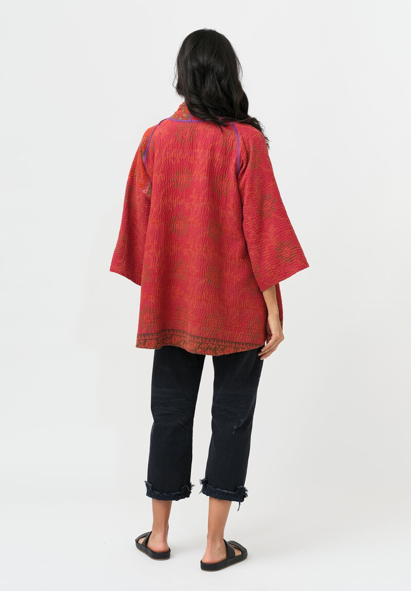Mieko Mintz Overdyed Cotton Kantha Kimono Jacket in Coral, Red & Purple