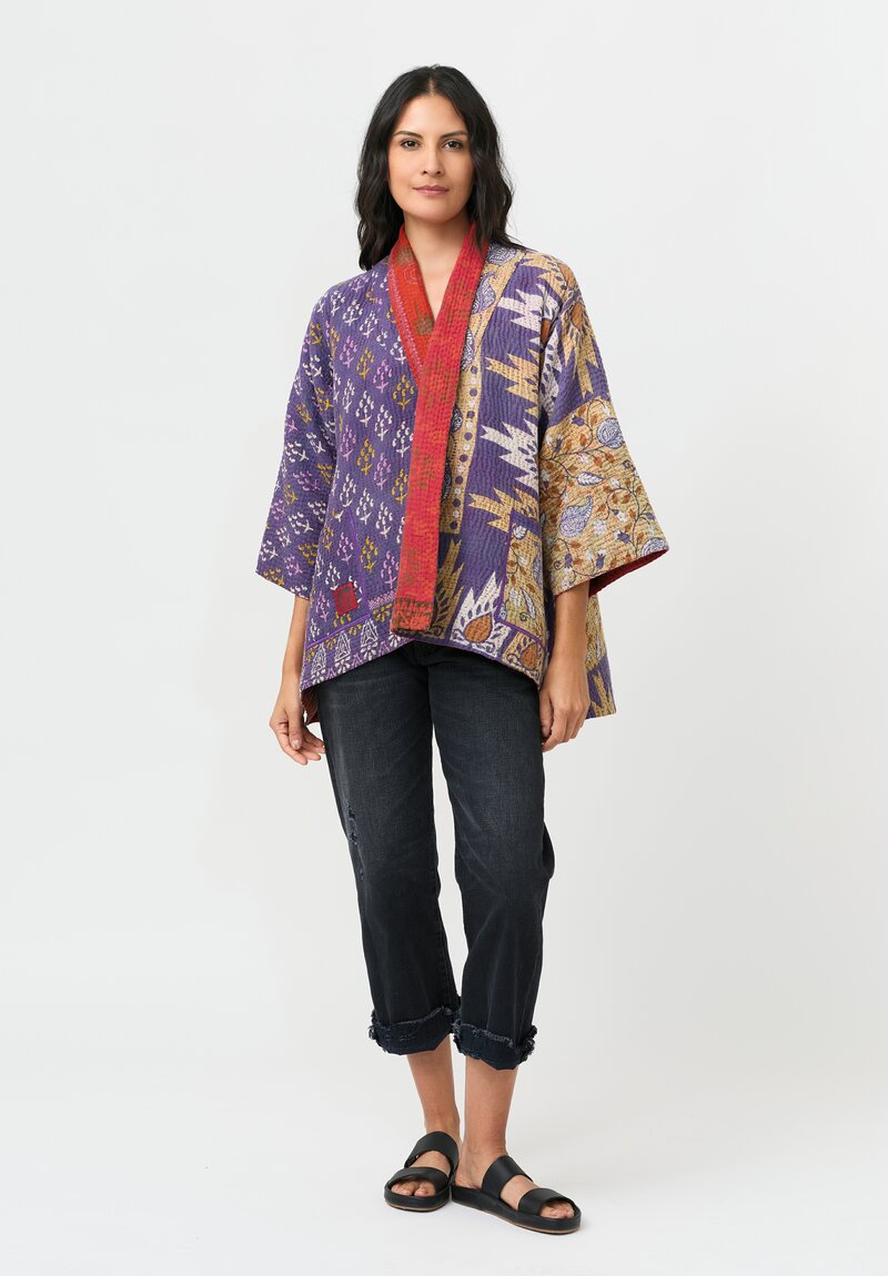 Mieko Mintz Overdyed Cotton Kantha Kimono Jacket in Coral, Red & Purple