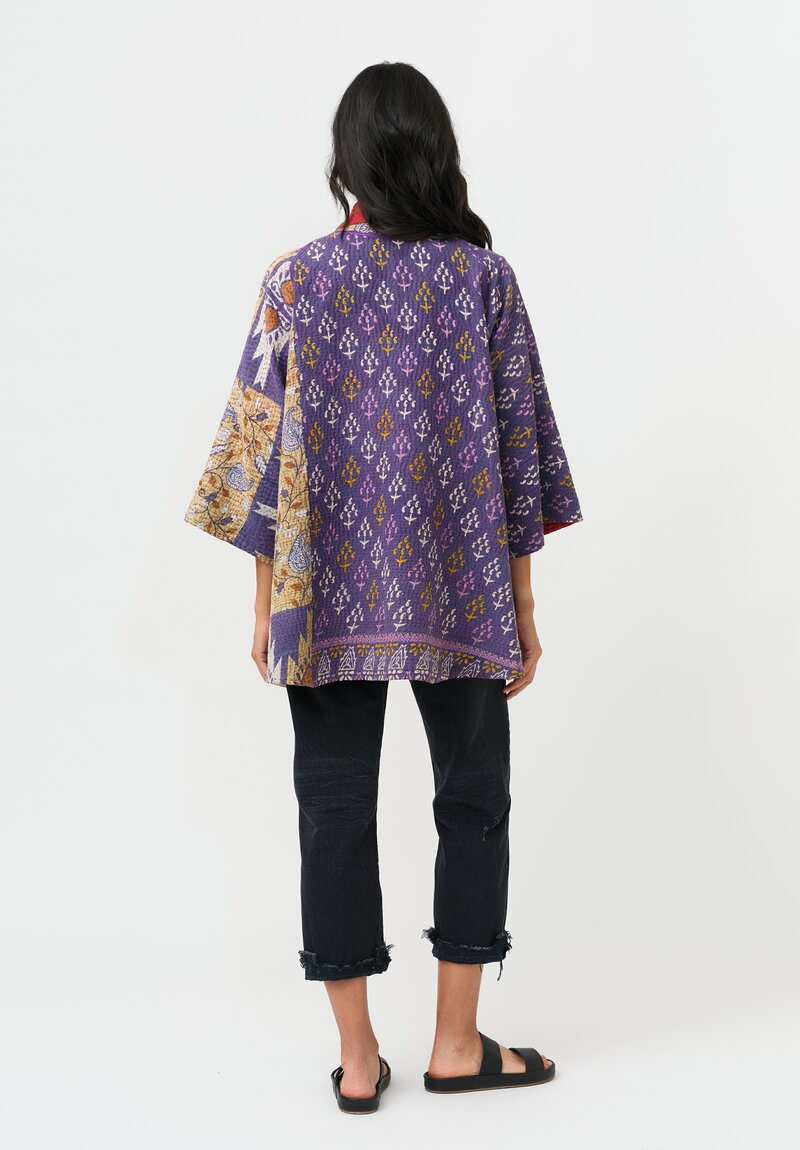 Mieko Mintz Overdyed Cotton Kantha Kimono Jacket in Coral, Red & Purple