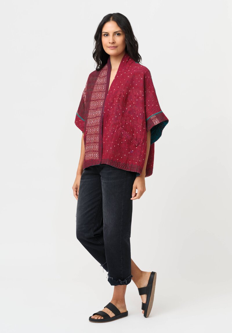 Mieko Mintz Vintage Cotton Kantha Mini Poncho in Red & White